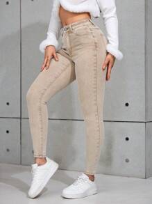 SHEIN PETITE 女式时尚休闲百搭紧身牛仔裤 - 卡其色 - 查看 4