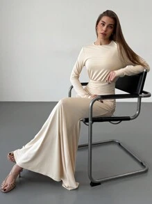 Aloruh Elegantes aprikotfarbenes figurbetont Kleid mit rundem Ausschnitt, enge, schlanke Passform, geeignet für Cocktailparty, Feiertage, Urlaub