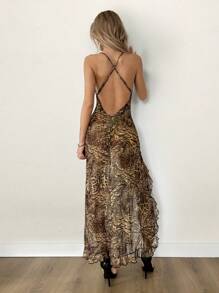 SHEIN ICON 女士抽象豹纹蕾丝拼布露背连衣裙