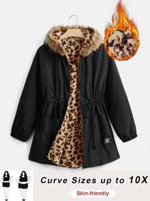SHEIN CURVE+ 大码女式连帽长袖撞色抽绳毛绒边框填充冬季羊毛夹克 - 黑色 - 查看 1