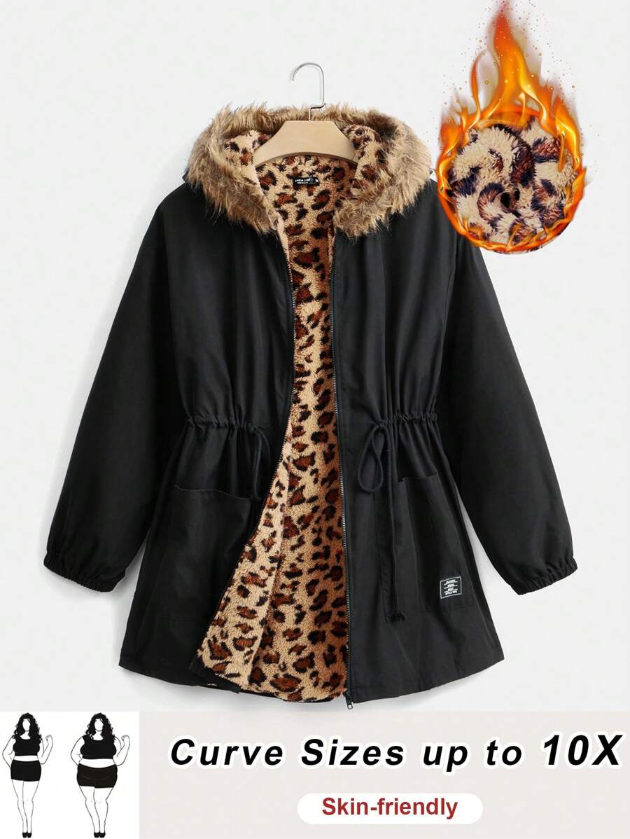SHEIN CURVE+ 大码女式连帽长袖撞色抽绳毛绒边框填充冬季羊毛夹克 - 黑色 - 查看 1