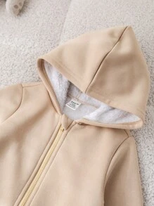 SHEIN Baby Boy And Baby Girl Khaki Plush Lined Soft Knit Loose Hooded Zipper Front Jumpsuit Romper, All-Match Versatile For Indoor And Outdoor Wear, Autumn/Winter