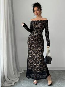Selianne Women's Off-Shoulder Lace Long Dress (Random Floral Pattern) Maxi Women Outfit - Black - View 8