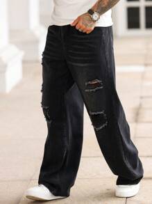 Manfinity Roughcore Men's Casual Washed Ripped Straight Leg Jeans - Black - View 6