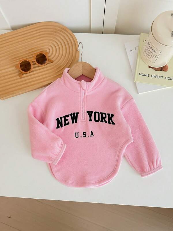 SHEIN Babygirl Cute Versatile Fuzzy Pink Letter Graphic Stand Collar Asymmetrical Hem Sweatshirt, Autumn/Winter