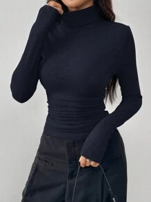 SHEIN EZwear Navy Blue Knitted Women Tight Fit T-Shirt, Minimalist Fashionable Casual Daily Wear