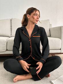 RueChic 2pcs Viscose Button Front With Contrast Colour Piping Detail PJ Set - Black - View 1