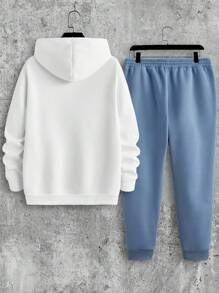 Manfinity Homme 白色连帽衫和浅蓝色运动裤男士运动服套装，撞色字母印花，适合日常穿着、旅行、运动、秋冬季 - 彩色 - 查看 4
