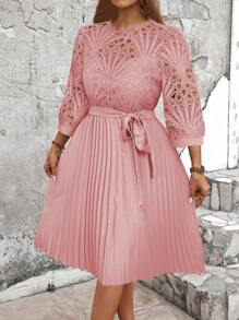 Celure Plus Size Elegant Solid Color Lace Patchwork Pleated Hem Dress, Autumn Modest Party Dressold Rose Dressshein Dress Elegantpink Winter Dress - Rusty Rose - View 3