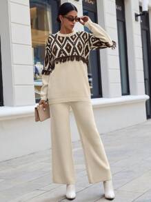 SHEIN Cottnline Geo Pattern Fringe Trim Sweater & Knit Pants - Apricot - View 4