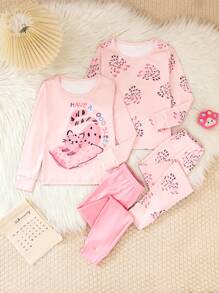 Set de 2 piezas de camisa de manga larga y pantalones ajustados con estampado de gato lindo para niña, color rosa claro