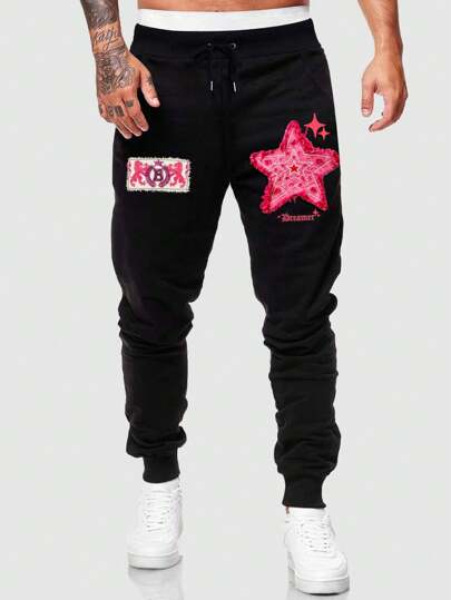 Street Life Pantalón de chándal casual para hombres con cordón en la cintura e impresión de estrellas y letras