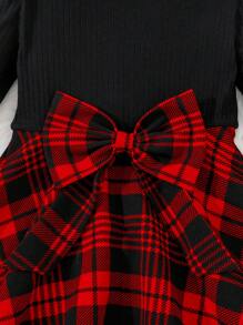 SHEIN Tween Girls Casual Christmas Party Knit Round Neck Long Sleeve Plaid Patchwork Dress - Red - View 4
