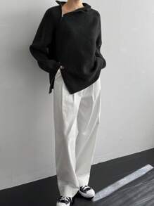 Dazy-Less 女士时尚斜襟高领开衩下摆套头针织毛衣老款风格，秋季女装商务休闲女士工作服 - 黑色 - 查看 2