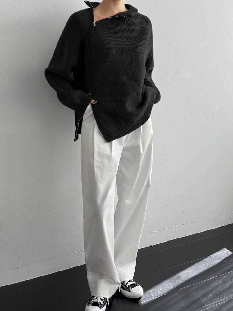 Women's Stylish Oblique Placket High Neck Split Hem Pullover Knit Sweater Old Money Style,Fall Women Clothes Business Casual Woman Work Clothes