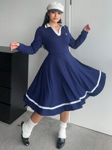 Flirla Plus Size Sweet & Spicy Color Block Long Sleeve Dress, College Style - Navy Blue - View 2