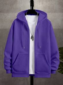 Manfinity Dauomo Men's Casual Zipper Hoodie With Drawstring, Minimalist Design For Autumn, Long Sleeve Top - Purple - View 1