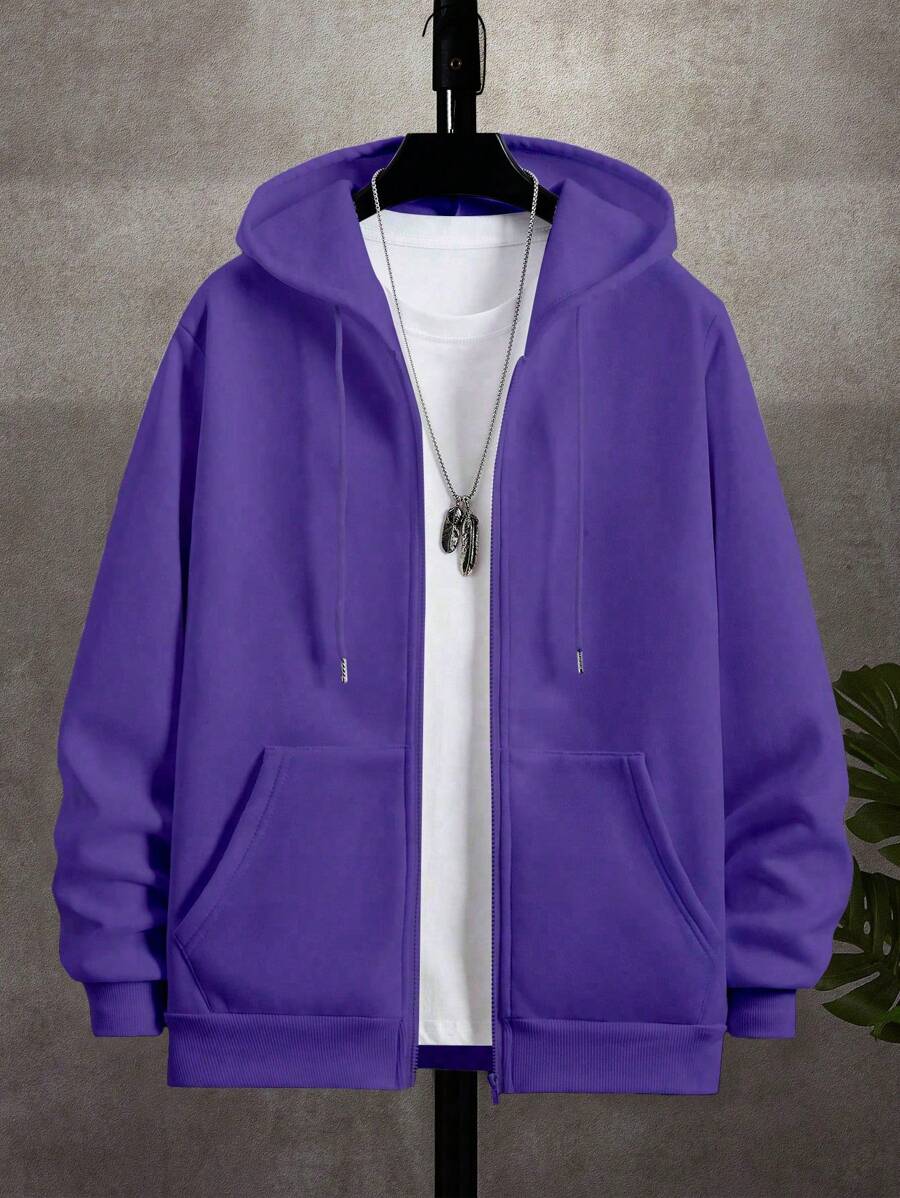 Manfinity Dauomo Men's Casual Zipper Hoodie With Drawstring, Minimalist Design For Autumn, Long Sleeve Top - Purple - View 1