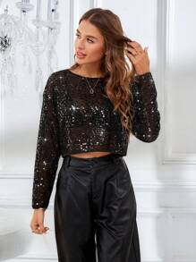 SHEIN Essnce Blusa de fiesta de manga larga, escote redondo, hombros caídos, con decoración de lentejuelas, para primavera y verano, para mujer - Negro - Ver 6