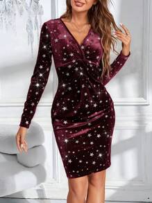 SHEIN Essnce 女士 V 领长袖花边星形图案优雅短裙，适合家庭装扮 - 酒紅色 - 查看 8