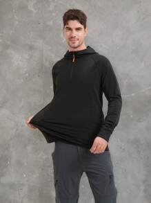 Manfinity Sport Corelite Solid Color Half Zip Up Hooded Casual Long Sleeve Sweatshirt - Black - View 6