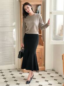 DAZY Women's Solid Color Fishtail Hem Elegant Sweater Skirt,Ruffle,Fall Clothes Winter Women Skirts - Beige - View 3
