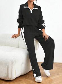 Chiquease 2pcs Women's Simple Casual Long Sleeve Top And Pants Set, Fashionable For Daily Wear Fall Cloth For Women - Black - View 5