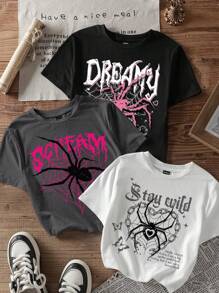 SHEIN EZwear 3 件套 Tween 女孩休闲蜘蛛图案 T 恤，复古酷女孩 Y2K 风格短袖短款上衣，适合夏季 - 彩色 - 查看 11