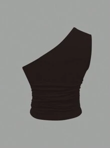 INAWLY 女士纯色不对称领口褶皱无袖修身衬衫 - 棕色 - 查看 2