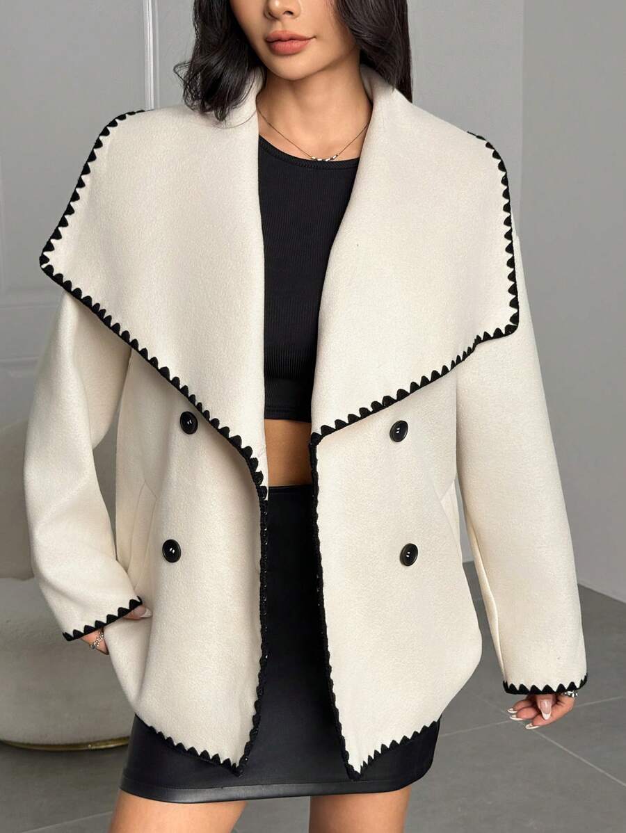 SHEIN EZwear Women Double-Breasted Contrast Trim Long Sleeve Coat - Apricot - View 1