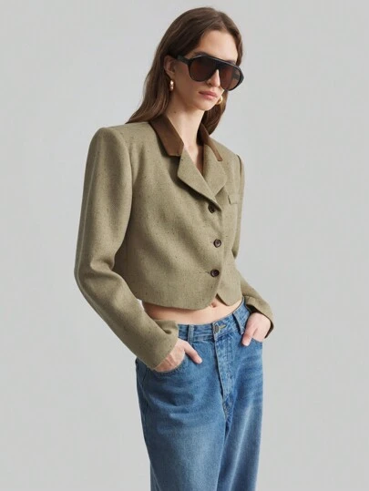 Ontre 女式 2025 春季新款时尚拼布领休闲夹克法式长袖上衣撞色短外套