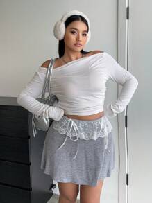 Flirla Plus Size Effen Kleur Schattig Casual School Stijl Veelzijdig Los Elastische Taille Patchwork Kant Inzet Strik Accent A-Lijn Rok, Lente/Herfst