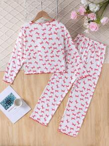SHEIN 2pcs/Set Girls Cherry Print Casual Cute Half Button Cardigan Shirt And Pants Home Wear Suit - Red and White - View 2