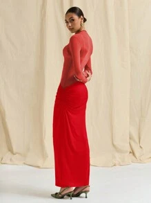 COSMINA Olive Green Mesh Contrast Dress For Women, Autumn/Winter - Red - View 2