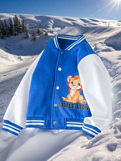 Young Boys Casual Loose Comfy Versatile Cute Cartoon Lion Print Contrast Sleeve Baseball Jacket, Suitable For Autumn And Winter