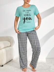 RueChic 2 件大码女式口号印花圆领短袖 T 恤和格子长裤休闲睡衣套装 - 藍色 - 查看 5