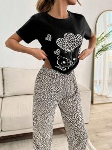 EURMUSE 100%Cotton 2pcs/Set Women Cotton Animal Print Detail Homewear Pajama Set - Black - View 4