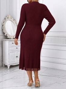 Celure Plus Size Dames Mid-Calf Lengte Ronde Hals Effen Kleur Geplooide Taille Getailleerd Elegante Lange Mouw Trui Jurk, Winter