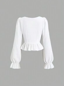 Sweetra French Romantic Vintage Color Block Ruffle Puff Sleeves Front Tie Waist 2 In 1 Long Sleeve Versatile White Blouse, Autumn/Winter Y2K Outfit 