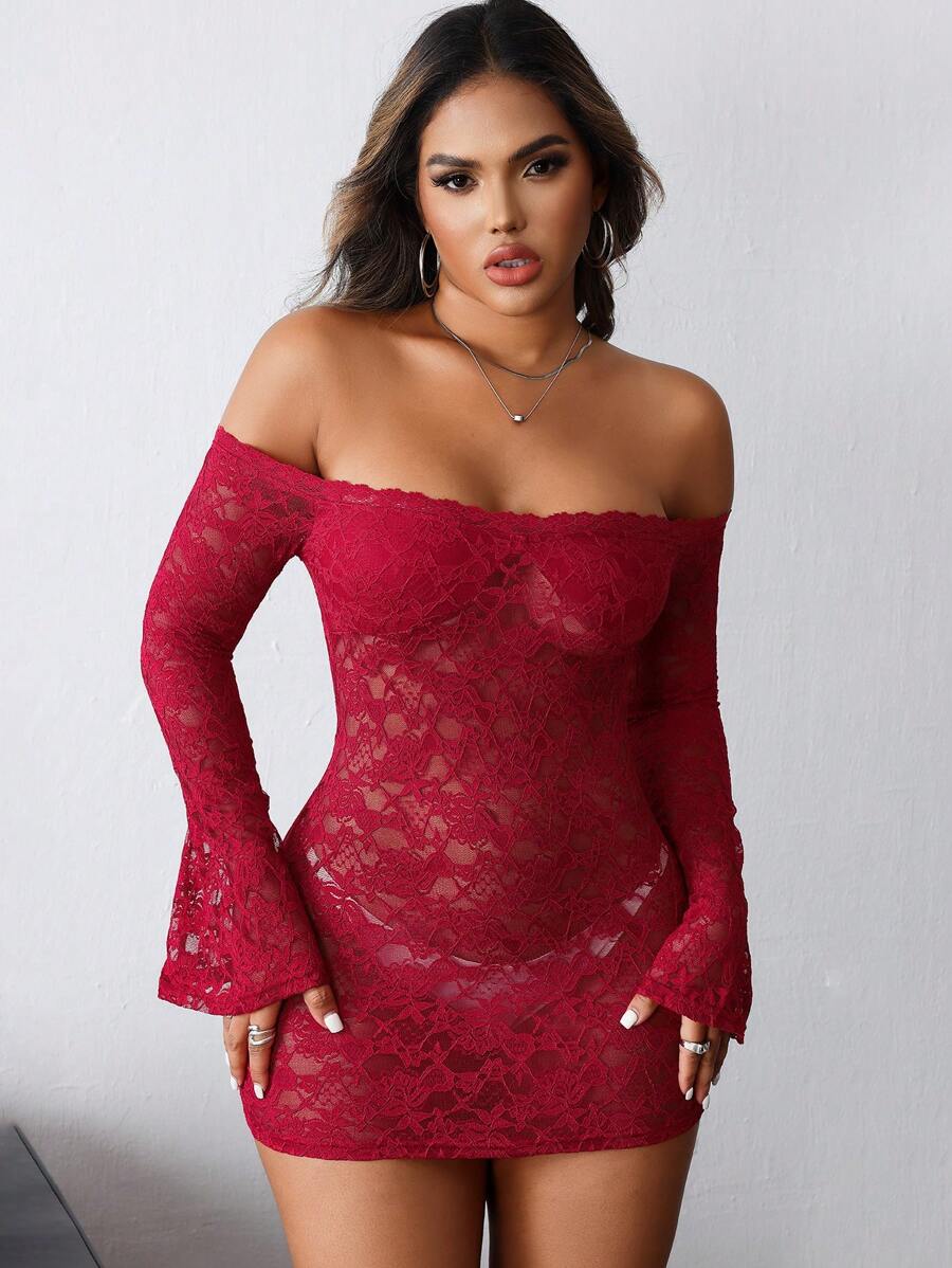 INAWLY Đầm trễ vai màu trơn gợi cảm cho nữ - Màu Đỏ Sâu - Xem 1