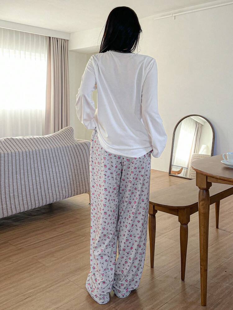 2pcs Floral Lace Patchwork Pocket Decor Top And Wide Leg Pants Pajama Set, Fall Winter Clothes