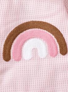 SHEIN 女婴粉色华夫格纹刺绣连体衣，秋冬款 - 粉色 - 查看 6