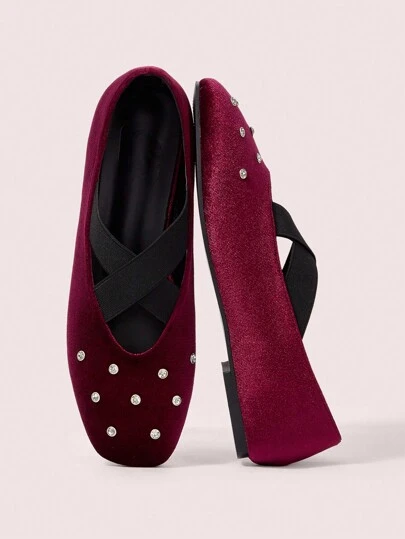 CUCCOO DOLLMOD Burgundy Korean Velvet Material + Studded Crafted Vintage Flat Shoes For Women Valentines