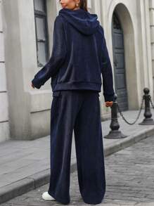 INAWLY 2pcs Women Knitted Casual Suit, Thick, Navy Blue, Suitable For Autumn & Winter
