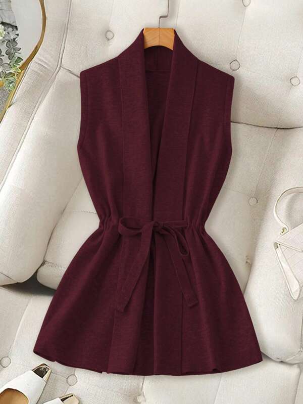 Franclia Women Solid Shawl Collar Belted Sleeveless Casual Cardigan, Autumn/Winter