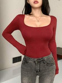 DAZY 女士纯色修身方领长袖 T 恤，百搭秋季女装