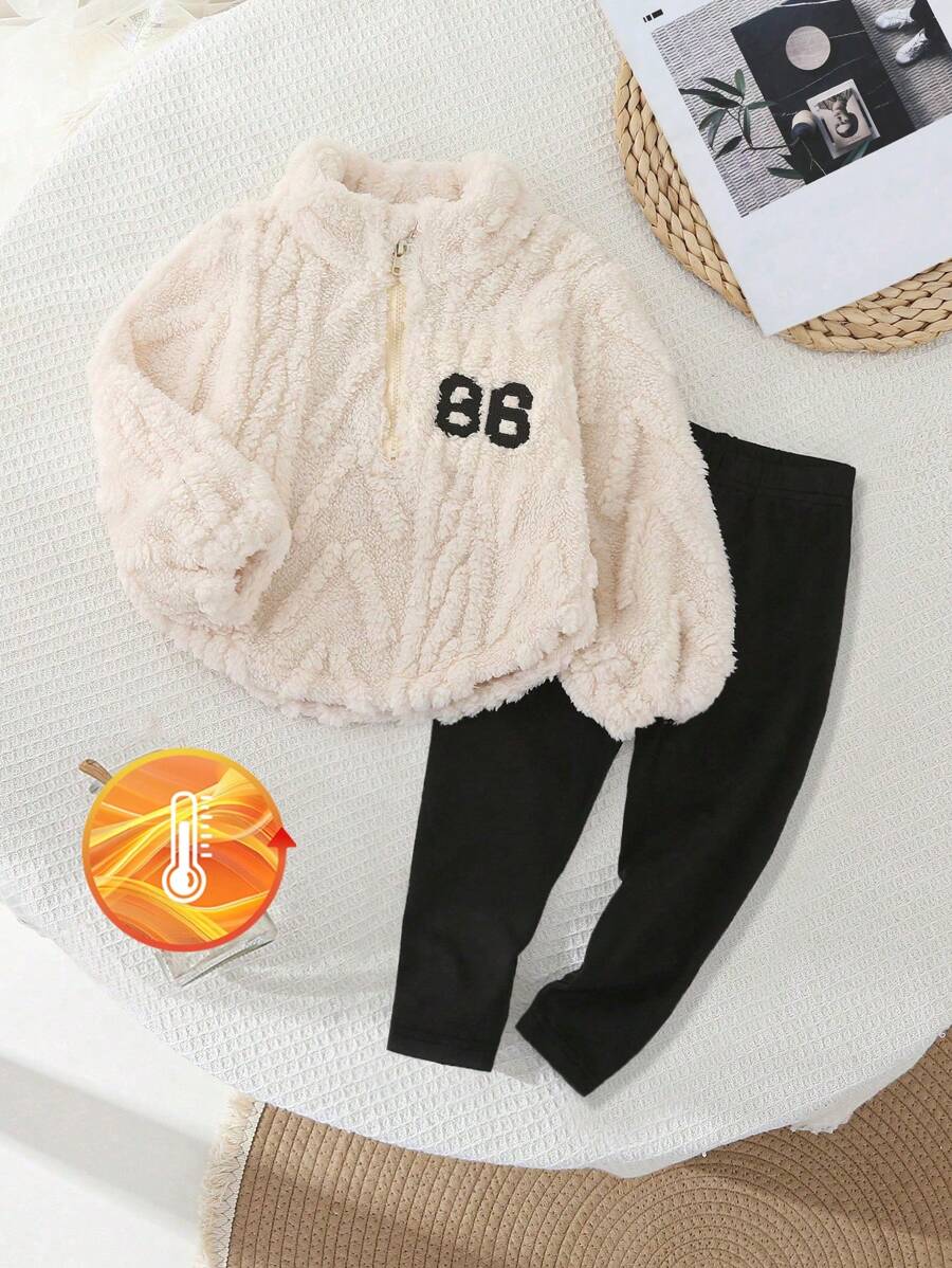 SHEIN Baby Girls Plush Zip-Up Top With Embroidery Pants Set, Thicker Fabric For Autumn/Winter, Suitable For Outdoor Activities And Casual Wear