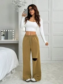 SHEIN EZwear 女士新款酸洗破洞抽绳腰阔腿运动裤 - 咖啡棕 - 查看 5