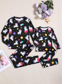 SHEIN Tween Girl 荧光卡通独角兽与星星图案圆领长袖裤舒适休闲睡衣睡衣套装，2 件（作为兄弟姐妹/配套服装单独出售） - 黑色 - 查看 6