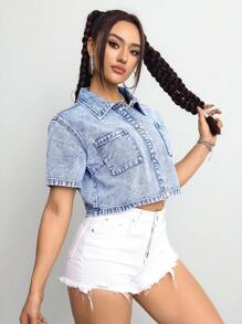 SHEIN ICON 女士休闲牛仔衬衫，简约时尚日常穿着 - 淺色水洗藍 - 查看 5